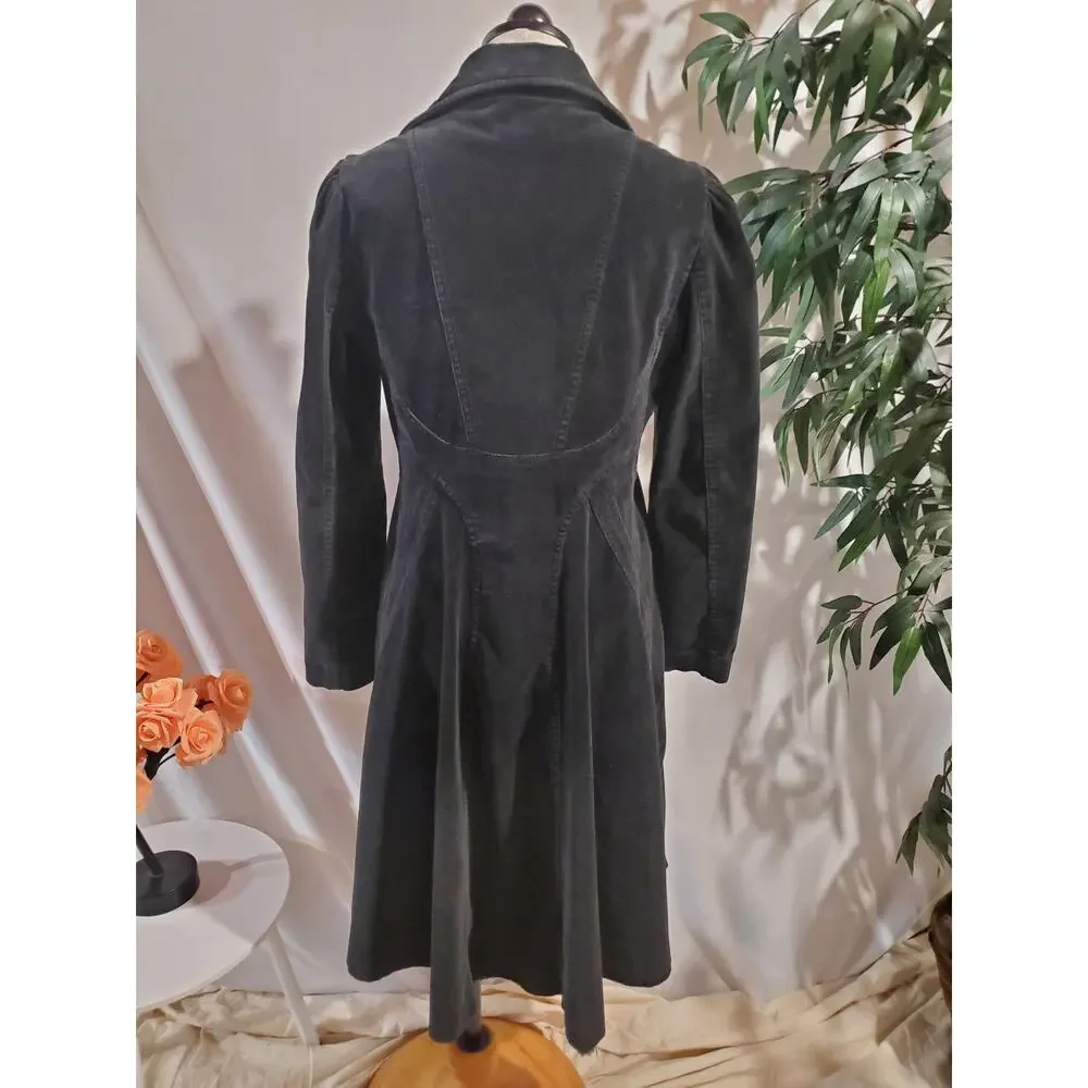 Vtg Y2K Bisou Bisou Fine Wale Corduroy Raw Hem Long Trench Jacket L Black Goth - Picture 3 of 11